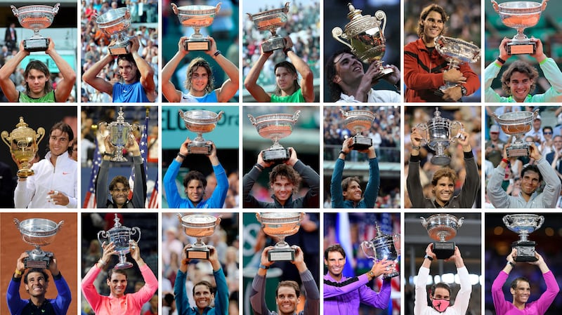 Spain's Rafael Nadal posing with 21 of his 22 Grand Slam victories - missing is his final title, won at the French Open in 2022. Photograph: STF/AFP via Getty Images