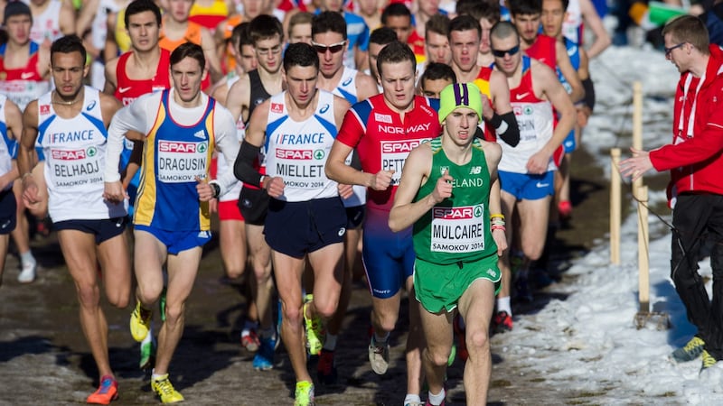 Kevin Mulcaire running in the junior men's event at the 2014 European Cross-Country Championships in Bulgaria. Photograph: Sasa Pahic Szabo/Inpho