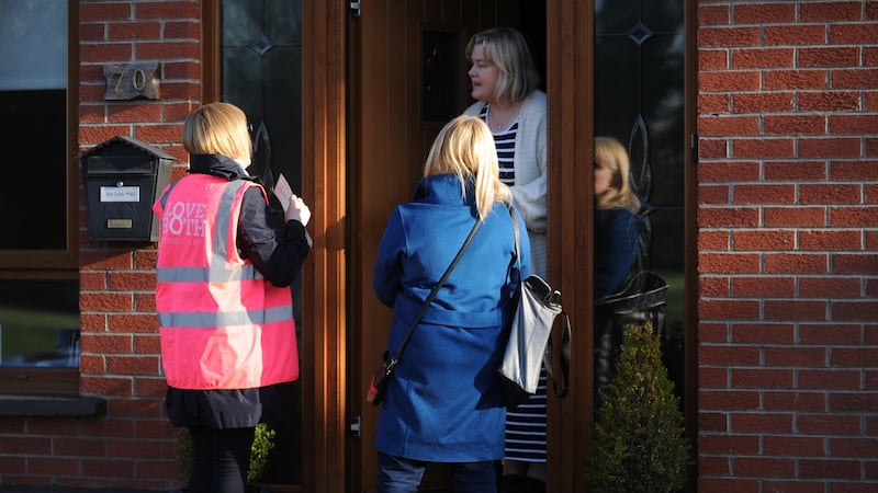Majella McGuire Flanagan speaks to No campaigners ahead of the referendum on the Eighth Amendment, in Castleknock, Dublin. Photograph: Aidan Crawley
