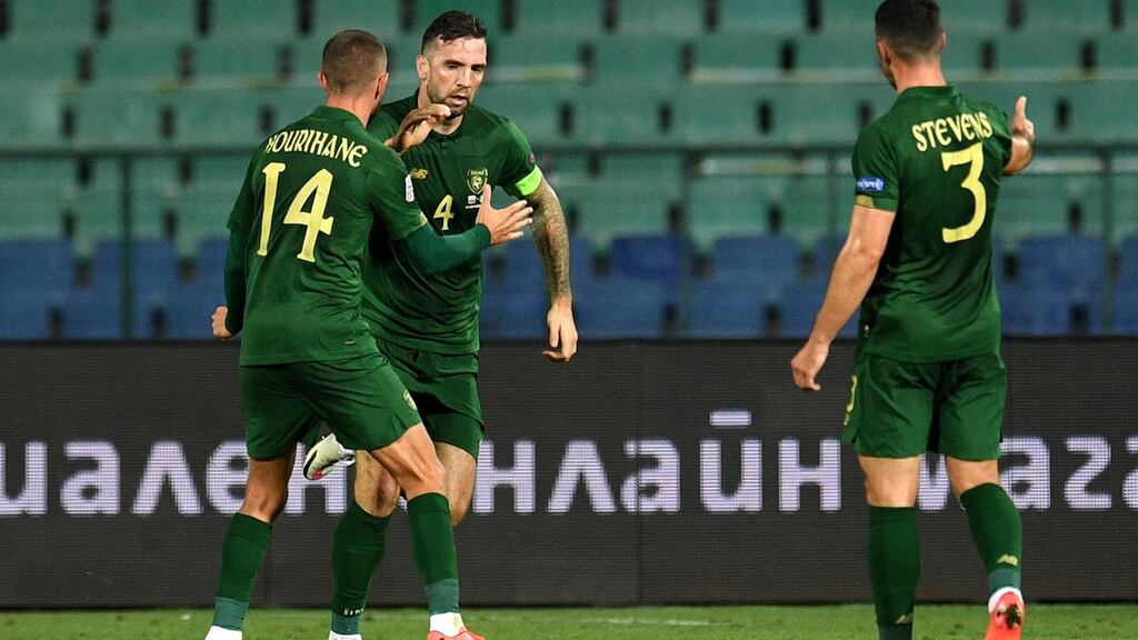 Ireland’s captain Shane Duffy (centre) celebrates his late equaliser against Bulgaria with Conor Hourihane and Enda Stevens during the Nations League clash in Sofia. Photograph: Vassil Donev/EPA