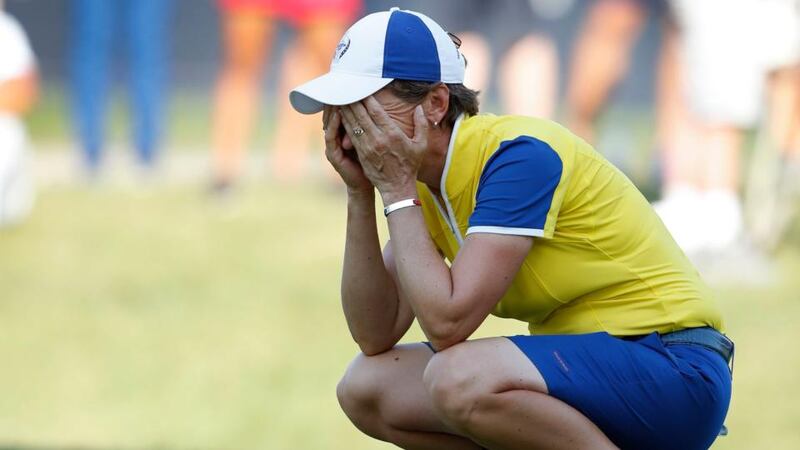 Europe’s Catriona Matthew after missing a point on the 16th. Photograph: Charlie Neibergall/AP