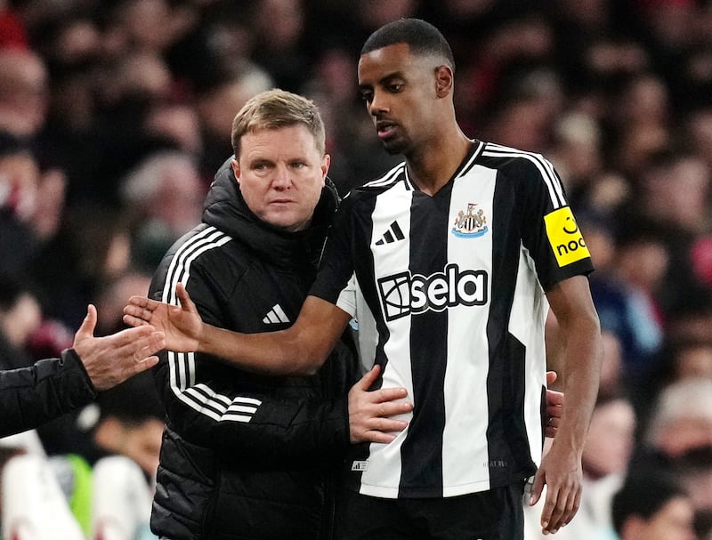 Newcastle United manager Eddie Howe with striker Alexander Isak, who is Liverpool's priority transfer. Photograph: John Walton/PA Wire