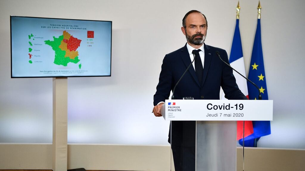 French prime minister Edouard Philippe presents the details for the easing of the country’s lockdown at the Hotel Matignon in Paris. Photograph: Christophe Archambault/Pool/AFP via Getty Images