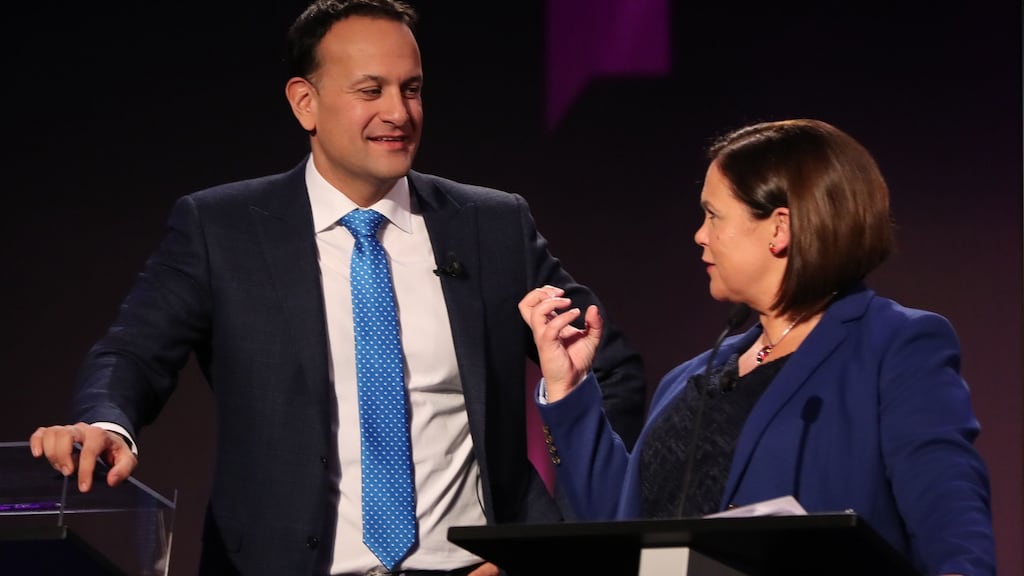 Fine Gael leader Leo Varadkar and Sinn Féin leader Mary Lou McDonald during a leaders’ debate earlier this year. The divide between their parties is now the principal cleavage in Irish politics. Photograph: Niall Carson/AFP via Getty Images