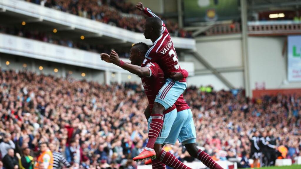 Diafra Sakho celebrates scoring West Ham United’s second goal with Enner Valencia during the Premier League match against Manchester City at the Boleyn Ground. Photograph: Ian Walton/Getty Images