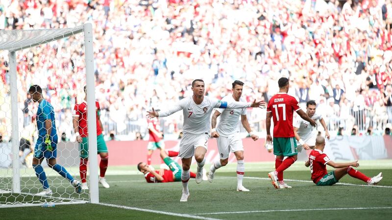 Cristiano Ronaldo celebrates his early header which gave Portugal a 1-0 win over Morocco in Moscow. Photograph: Carl Recine/Reuters
