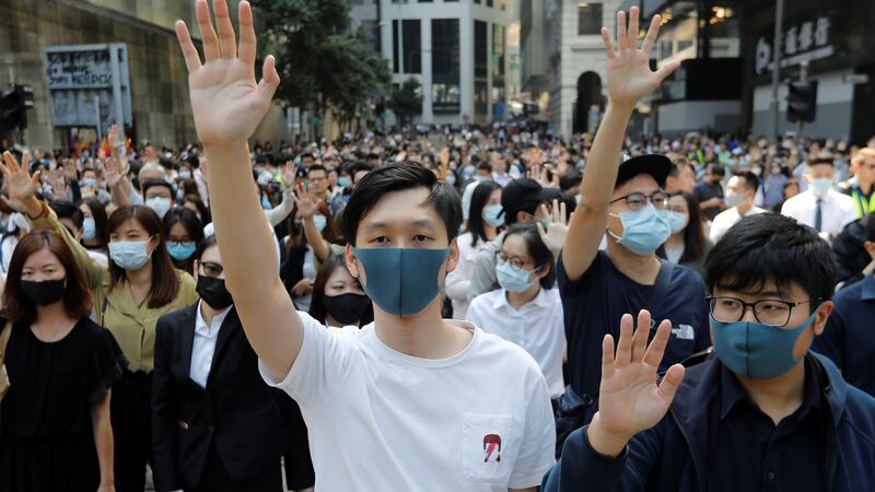 Demonstrators protest in the Central District in Hong Kong on Friday. Photograph: Adnan Abidi/Reuters