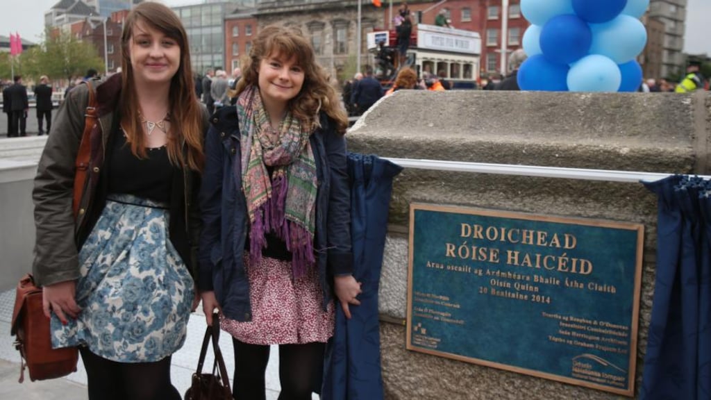 Trinity College students Jennifer Gartland (left) and Angelina Cox who won a competition to name Dublin’s newest bridge after Rosie Hackett. Photograph: Niall Carson/PA Wire