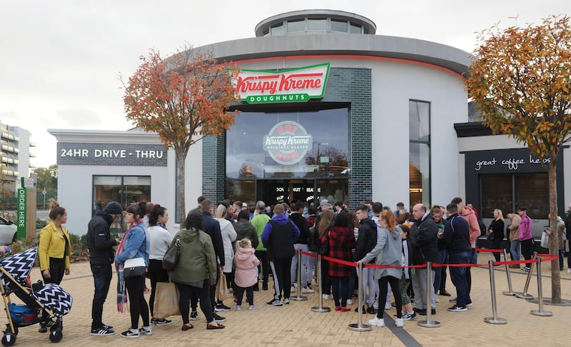 Krispy Kreme: customers queue outside Blanchardstown’s new doughnut shop. Photograph: Aidan Crawley