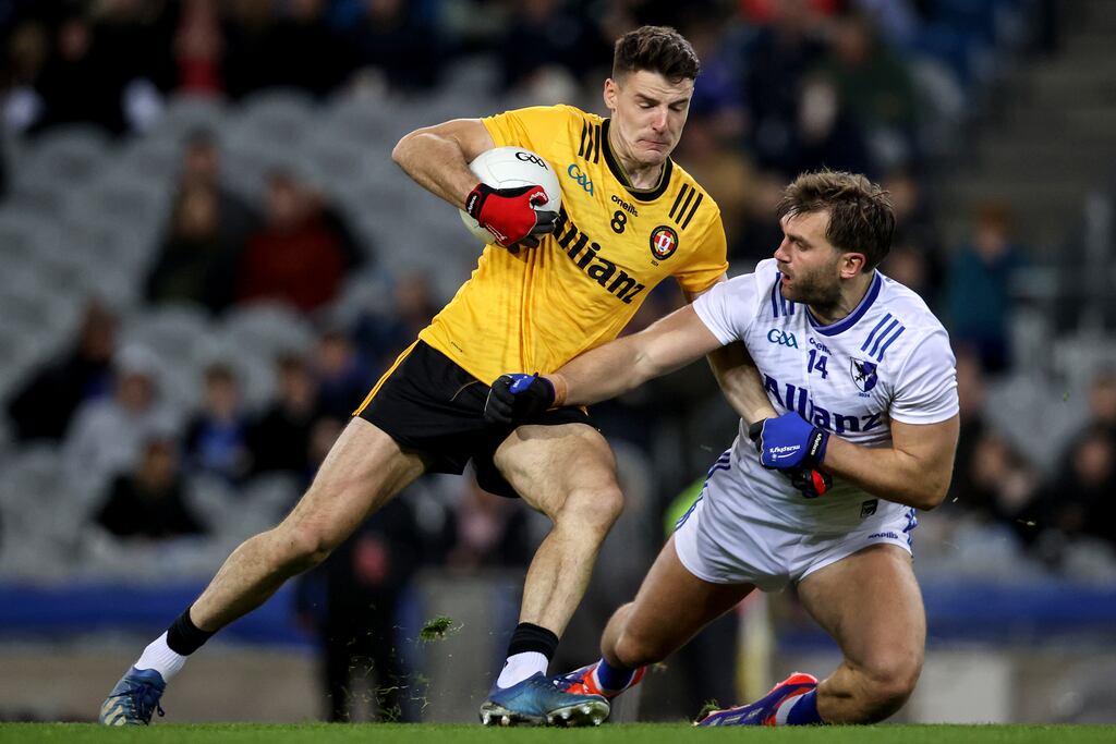 Ulster's Niall Grimley is challenged by Aidan O’Shea of Connacht during the Allianzl Interprovincial Series Final at Croke Park. Photograph: Ben Brady/Inpho