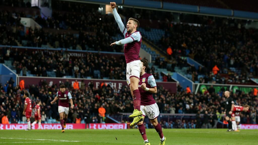 Aston Villa’s Conor Hourihane celebrates after scoring their fifth goal during the Sky Bet Championship match against Bristol City at Villa Park. Photograph: Scott Heavey/PA Wire