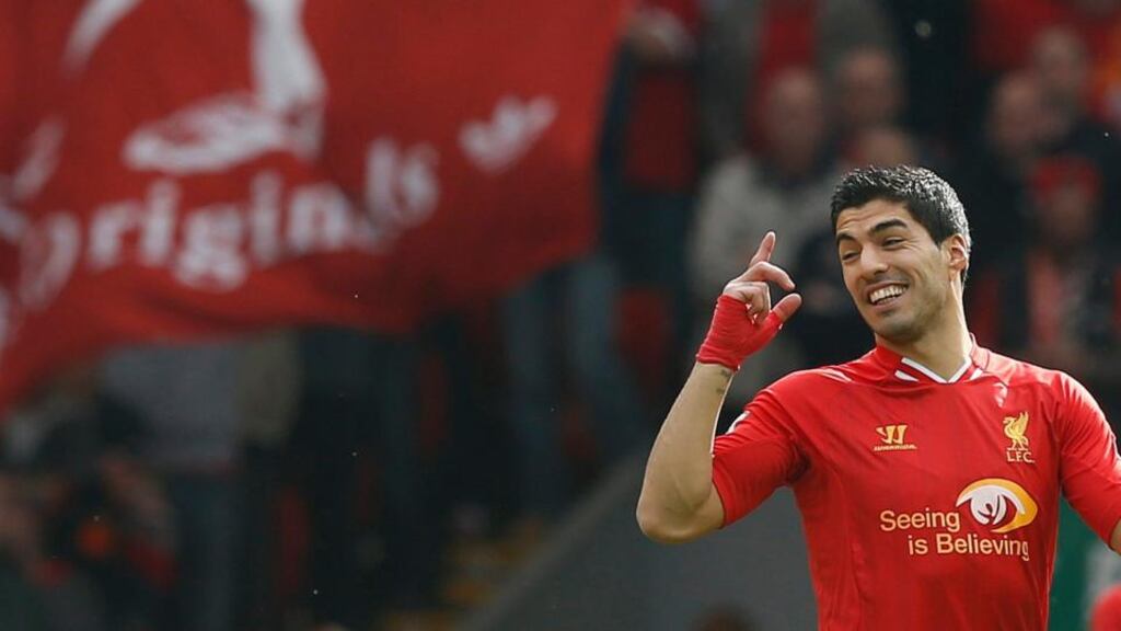 Liverpool’s Luis Suarez has been voted the 2014 Footballer of the Year by the Football Writers’ Association. Photograph: Phil Noble/Reuters