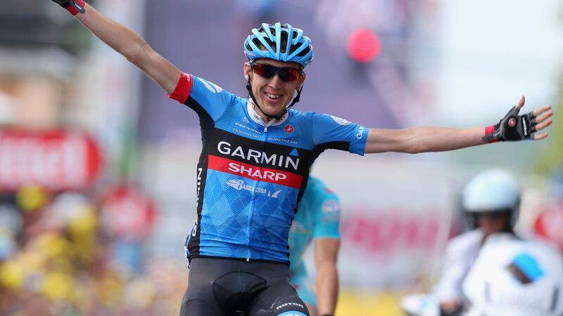 Daniel Martin celebrates winning the ninth stage from Saint-Girons to Bagneres-de- Bigorre in the 2013 Tour de France. Photograph: Bryn Lennon/Getty Images