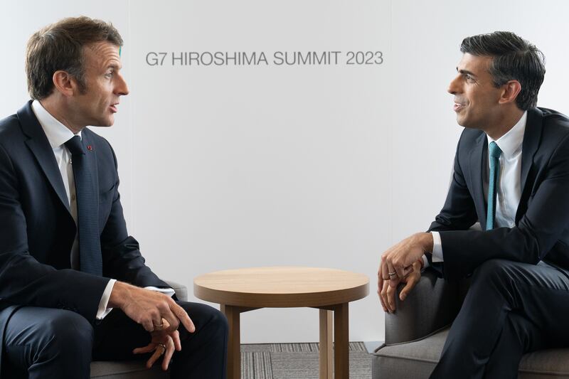 Prime Minister Rishi Sunak (right) meets with French President, Emmanuel Macron at the Grand Prince Hotel in Hiroshima during this year’s G7 Summit in Japan. Both are absent from this week's UN General Assembly in New York. Photograph: Stefan Rousseau/PA Wire