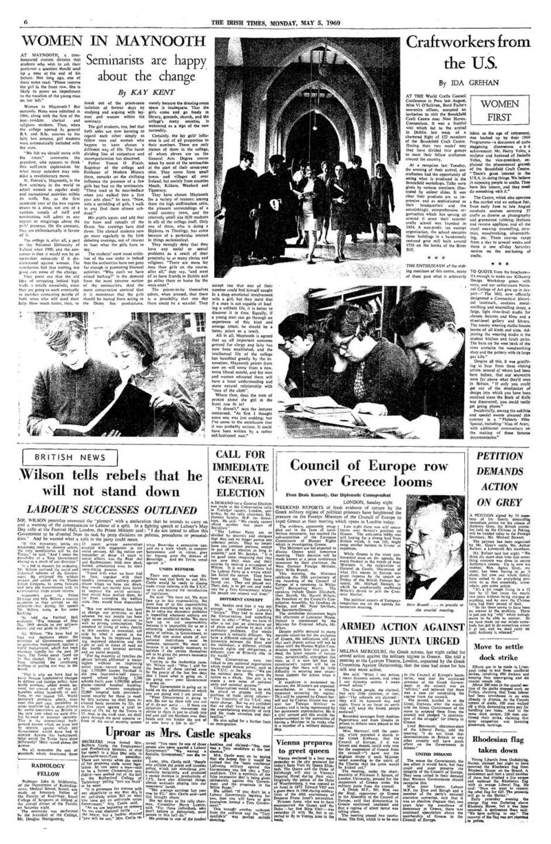 Irish Times journalist Kay Kent’s article on ‘girl students’ joining the priests-to-be in St Patrick’s College in Maynooth