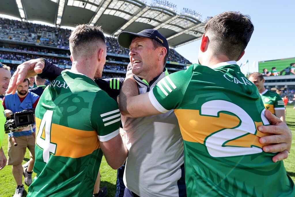 Jack O’Connor, Tom O’Sullivan and Jack Savage celebrating victory over Dublin in the All-Ireland semi-final at Croke Park. Photograph: Laszlo Geczo/Inpho