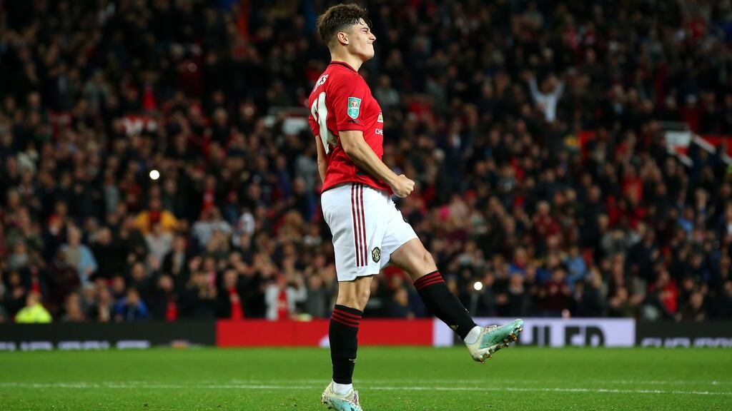 Daniel James of Manchester United scores the winning penalty in their Carabao Cup clash with Rochdale. Photo: Alex Livesey/Getty Images