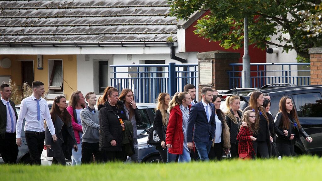 Mourners at the funeral of Darragh Nugent at the Church of the Immaculate Heart of Mary, Clondalkin, west Dublin