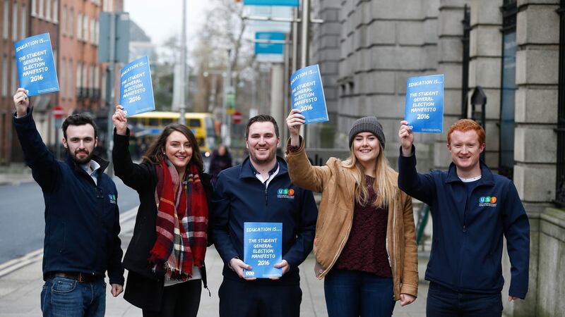 USI members Daniel Waugh, Molly Kenny, Kevin Donoghue, Trish O’Beirne and Jack Leahy as the union launched their general election manifesto outside the Dáil. Photograph: Conor McCabe