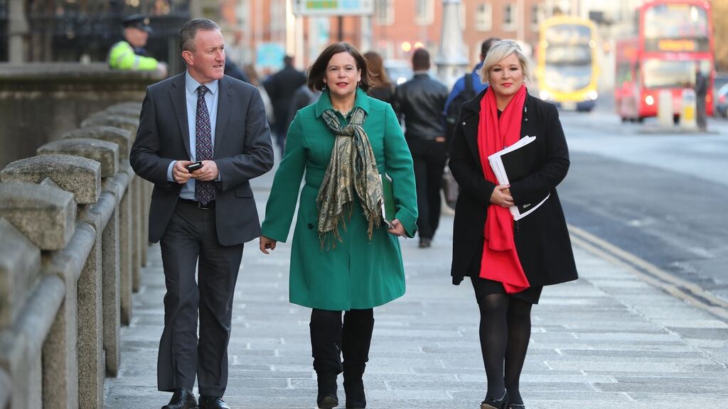 Sinn Fein’s Conor Murphy, Mary Lou McDonald and Michelle O’Neill arrive at Government Buildings, Dublin, for a meeting with Taoiseach Leo Varadkar. Photograph: Niall Carson /PA