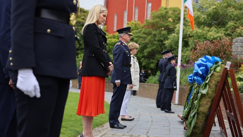 Minister for Justice, Helen McEntee, Garda Commissioner Drew Harris and Breda Hand, survivors association, laying a wreath at the Annual Garda Memorial Day. Photograph: Dara Mac Donaill