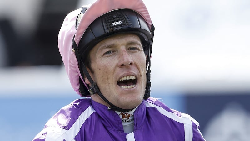 Pádraig Beggy celebrates his Derby victory on Wings Of Eagles. Photograph: Alan Crowhurst/Getty Images