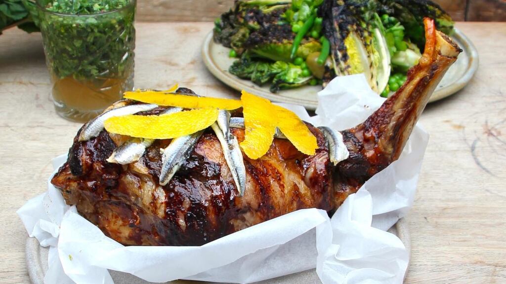 Easter feast: roast leg of lamb with lemon, rosemary and anchovy; grilled Baby Gem lettuce and peas; and quick mint sauce