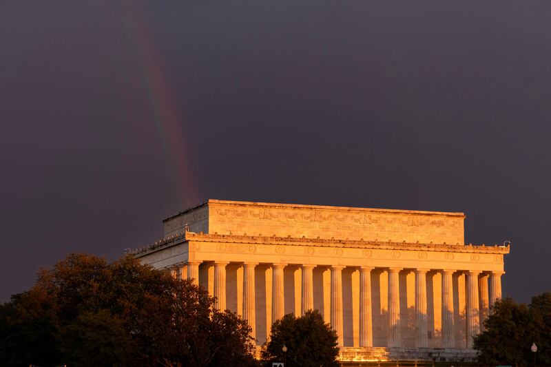 A rainbow is seen at sunset over the Lincoln Memorial in Washington, DC. Photograph: Michael Reynolds/EPA-EFE