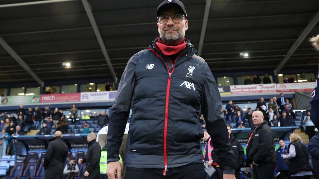 Liverpool manager Jürgen Klopp before their FA Cup fourth round match against Shrewsbury Town at Montgomery Waters Meadow on Monday. Photograph: Carl Recine/Action Images via Reuters