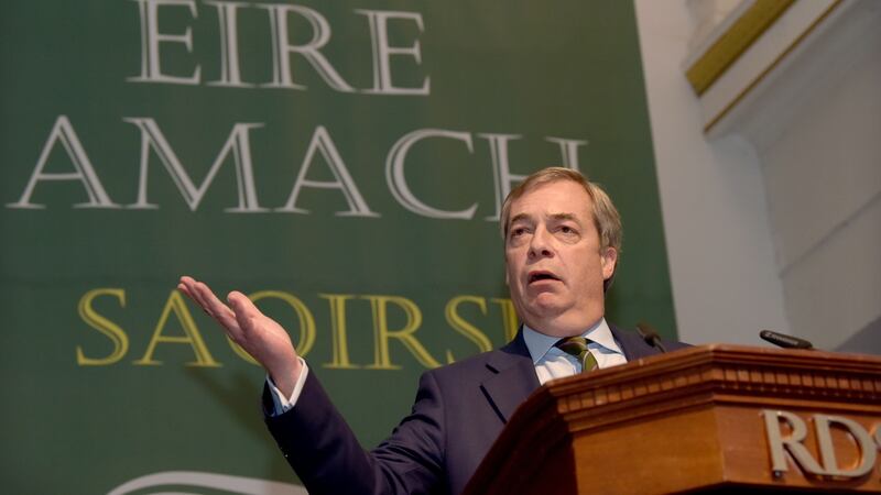 “It is incumbent now upon you to organise, to mobilise, and put up candidates and fight those European elections in just 15 months,” Nigel Farage told an Irexit conference in Dublin. Photograph: Bryan Meade