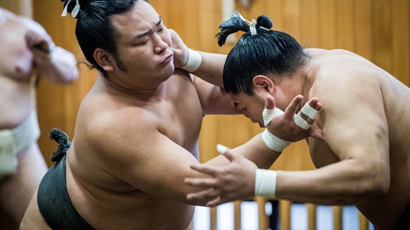 Training at the Sumo stables in Tokyo, Japan. Photograph: Ryan Byrne/Inpho