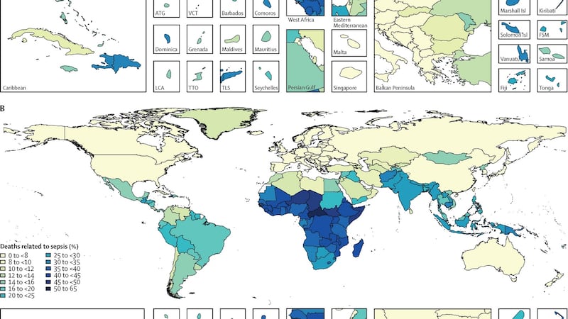 Age-standardised sepsis incidence per 100,000 population for both sexes, in 2017 (A), and percentage of all deaths related to sepsis, age-standardised for both sexes, in 2017 (B). Source: The Lancet