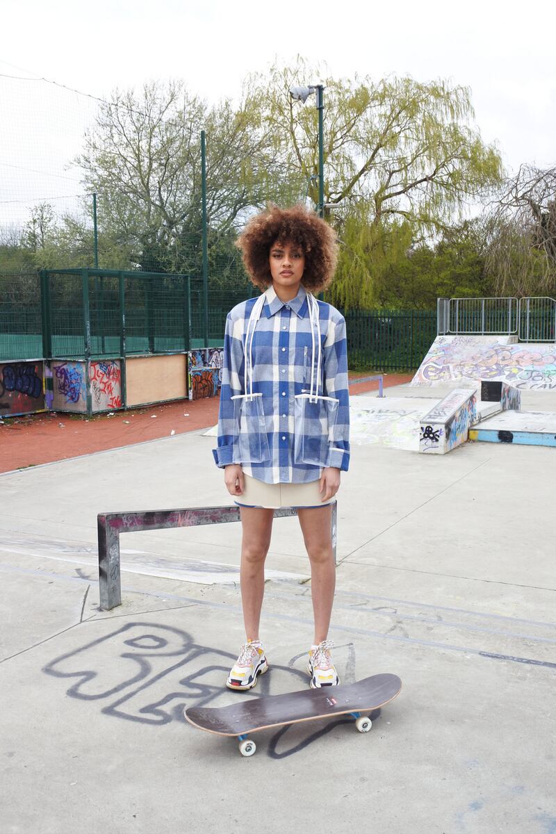 Blue check flannel shirt €82, cream denim skirt €78