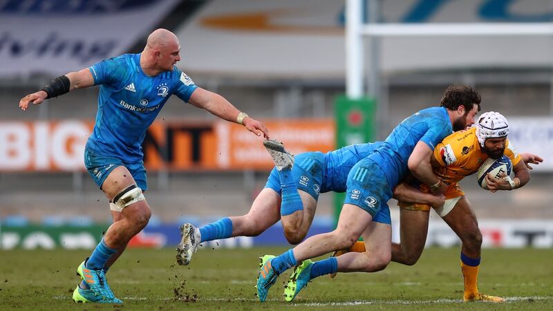 Exeter Chiefs’s Tom O’Flaherty is tackled by Robbie Henshaw. Photograph: Michael Steele/Getty Images