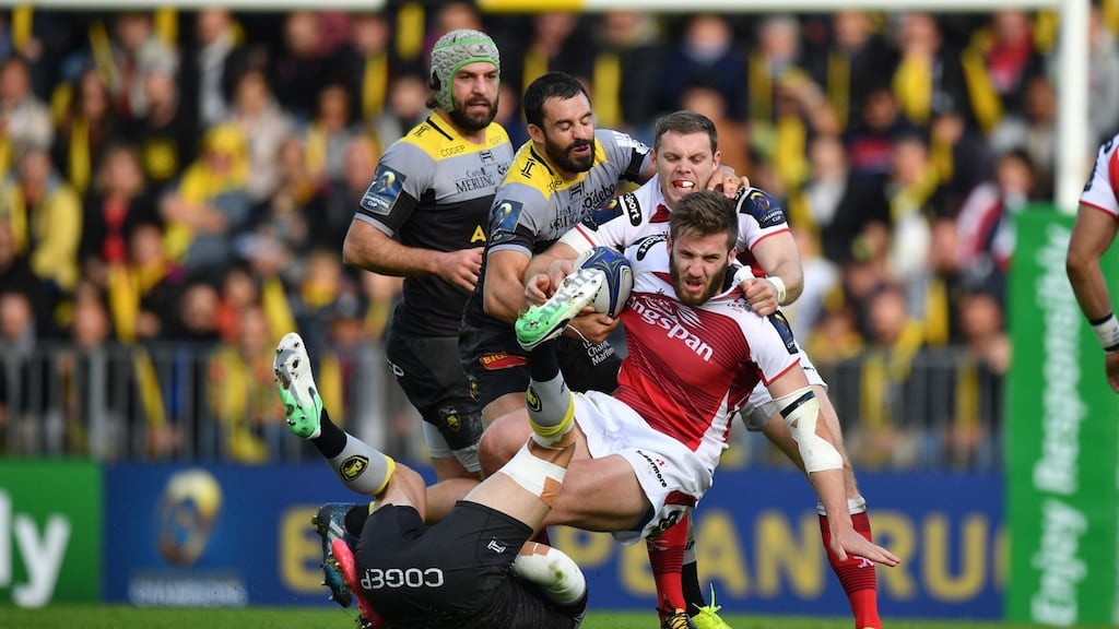 Ulster lock Iain Henderson is tackled during the Champions Cup match against La Rochelle at the Marcel Deflandre stadium. Photograph: Xavier Leoty/AFP/Getty Images