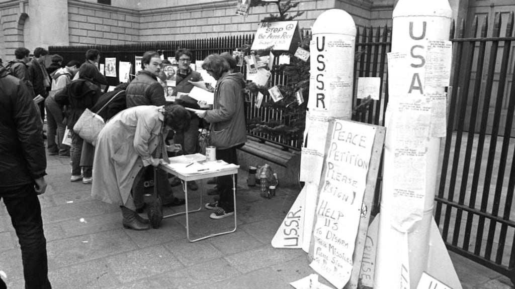 The Cork branch of Irish CND collecting signatures in College Green, Dublin, in 1984 for petitions asking presidents Reagan and Andropov to stop the arms race. The petitions were placed in the mock missiles and delivered to the US and Soviet embassies. Photograph: Pat Langan