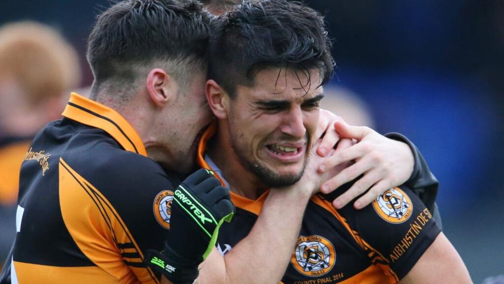 Austin Stacks’ Pat McCarthy celebrates with Wayne Guthrie after the final whistle and victory over Mid Kerry in the Kerry final at Fitzgerald Stadium, Killarney. Photo: Cathal Noonan/Inpho