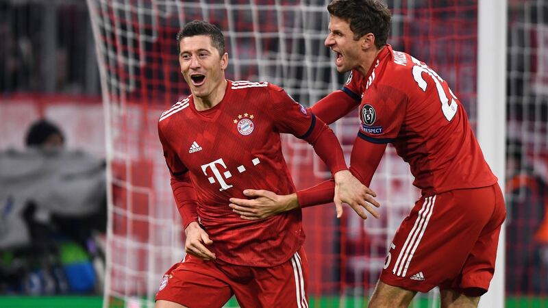Robert Lewandowski scored twice as Bayern Munich thrashed Benfica 5-1. Photograph: Lukas Barth-Tuttas/EPA