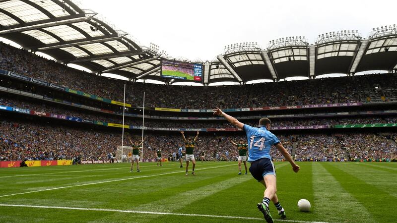 Dublin’s Dean Rock attempts to win the game with a last-minute free against Kerry at Croke Park on Sunday. Photograph: Ray McManus/Sportsfile
