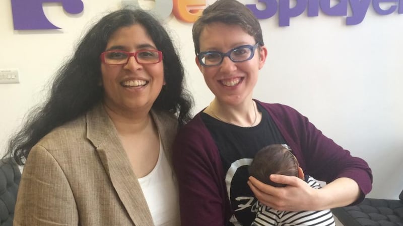 Dil Wickremasinghe (left) with Anne Marie O’Toole and their baby boy Phoenix. Photograph: TV3