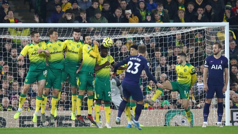 Christian Eriksen scores a free-kick to equalise. Photo: Julian Finney/Getty Images