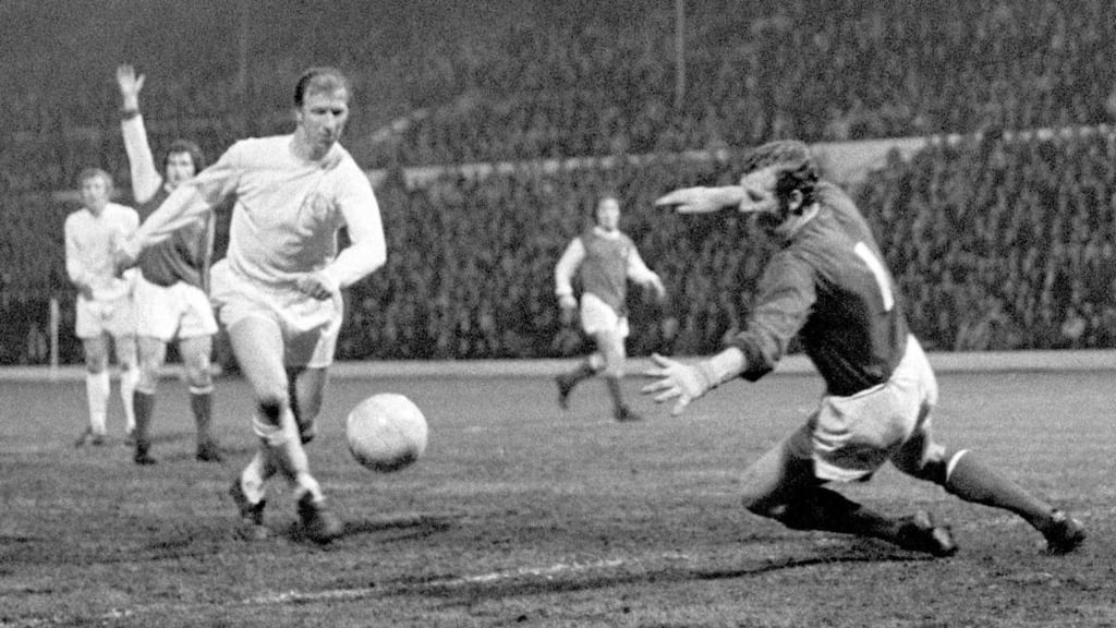 Jack Charlton of Leeds United goes through before scoring past Arsenal’s Bob Wilson at Elland Road, 1971. Photograph: PA Wire