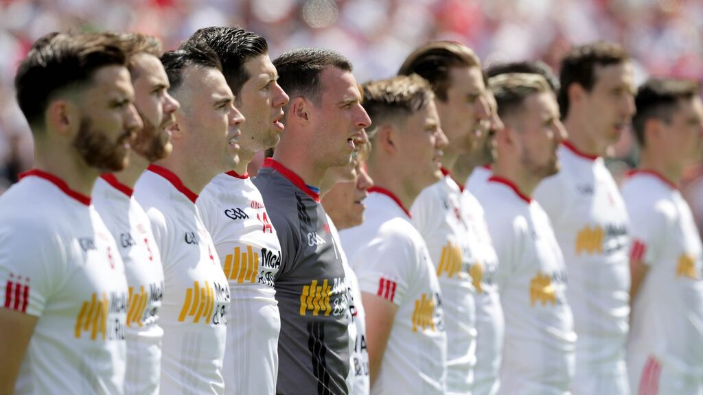 Tyrone players stand for the national anthem ahead of the final against Down in Clones. They are almost as good as they are going to be. Is that good enough? Photograph: Morgan Treacy/Inpho