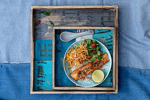 Sesame and miso baked salmon bowl with peanut and carrot coleslaw