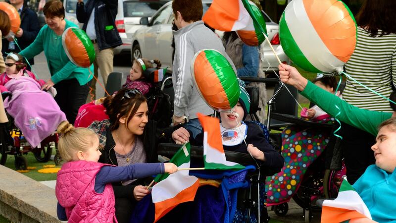 Children from first class at St Raphael’s Special School in Celbridgeduring the Proclamation ceremony. Photograph: Cyril Byrne/The Irish Times
