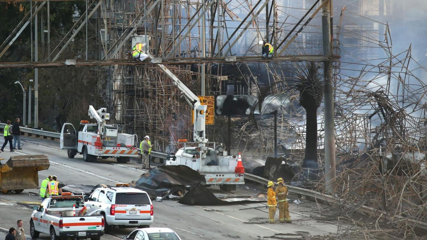 The blaze in downtown Los Angeles early on Monday shut down two major freeways, the Los Angeles Fire Department and California Highway Patrol said. Photograph: Jonathan Alcorn/Reuters