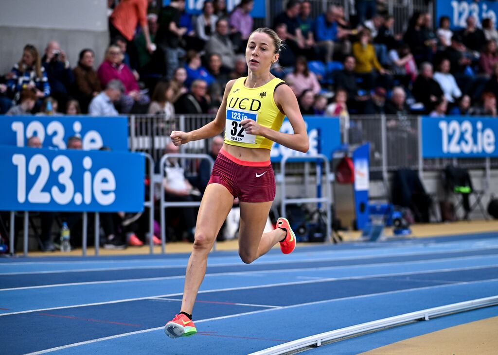 Sarah Healy of UCD AC on her way to winning her 1,500m heat during day one of the 123.ie National Senior Indoor Championships at the National Indoor Arena in Abbotstown. Photograph: Sam Barnes/Sportsfile