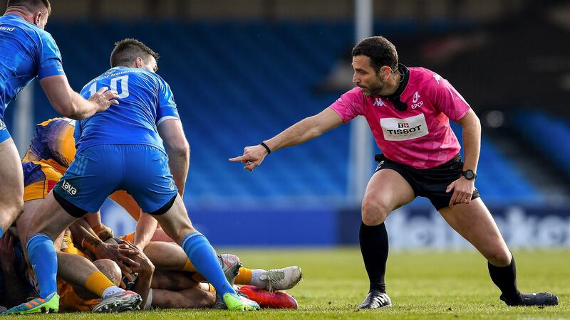 Referee Mathieu Raynal engages with Leinster’s Johnny Sexton during the Heineken Champions Cup quarter-final against Exeter at Sandy Park. Photograph: Ryan Hiscott/Inpho