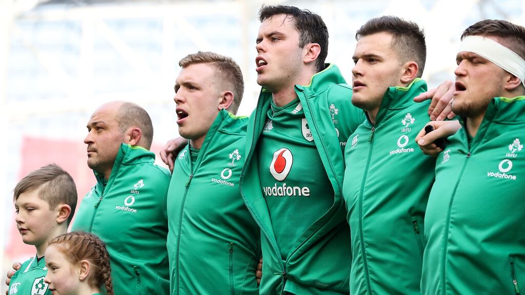 Ireland’s Rory Best, Dan Leavy, James Ryan, Jacob Stockdale and Andrew Porter during the national anthems. Photograph: Billy Stickland/Inpho