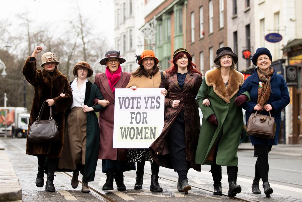 Eilish Balfe, Míde Griffin, Ailbhe Smyth, Susan McCormack, Sarah Monaghan, Margaret Martin and Silke Paasche  at the re-enactment of 1937 constitutional debates at the Mansion House, Dawson Street, Dublin. Photograph: Tom Honan/The Irish Times